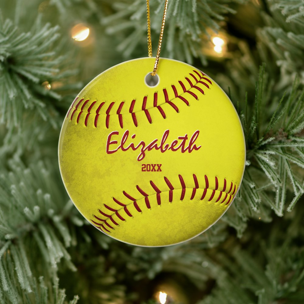 commemorative girls sports grungy yellow softball ceramic ornament rc236be1311ab4ce197f13b6d164ea96f 05wi1 8byvr 1000 - Softball Gifts