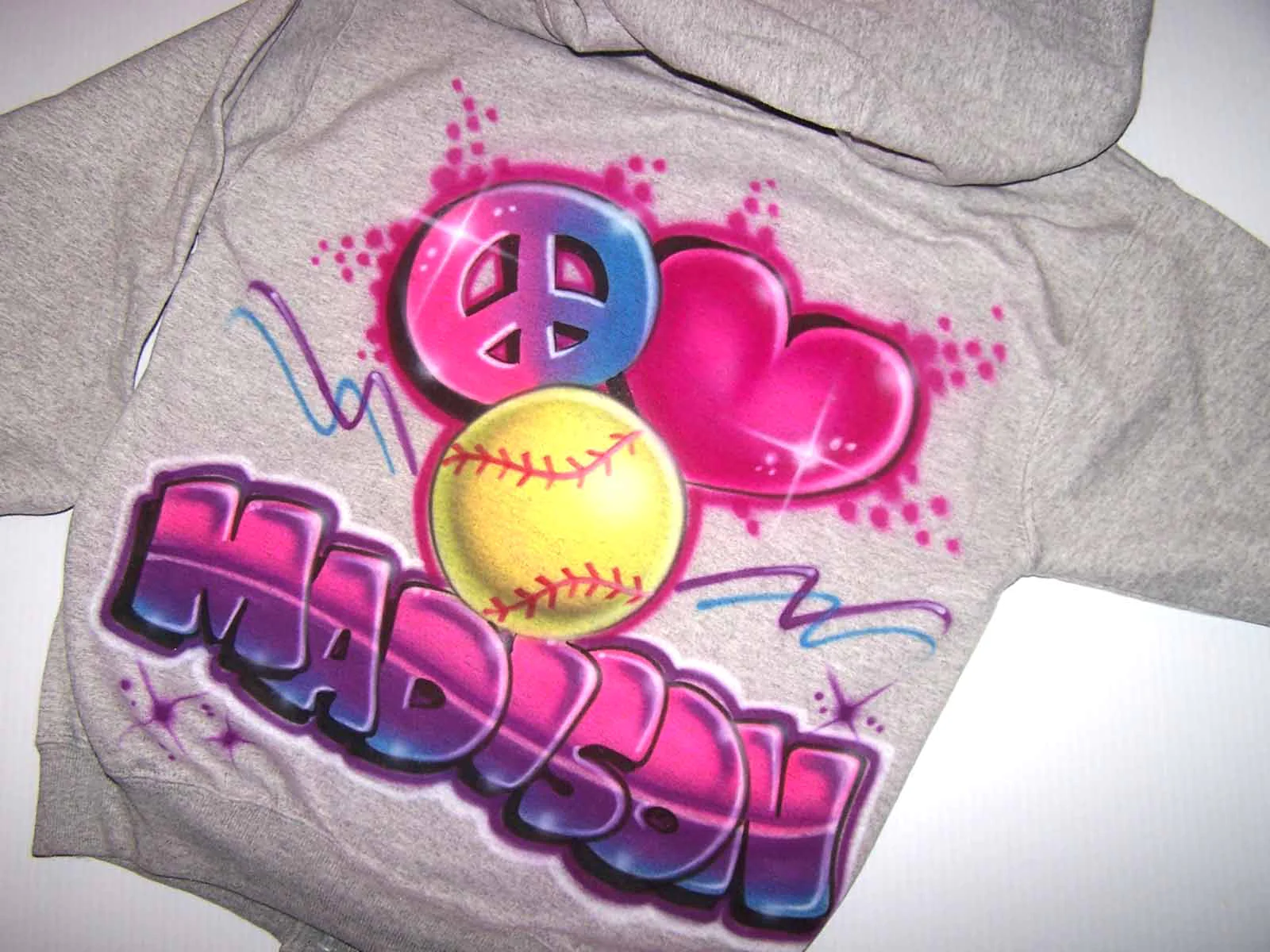 Softball Hoodie Airbrushed Peace Heart - Softball Gifts